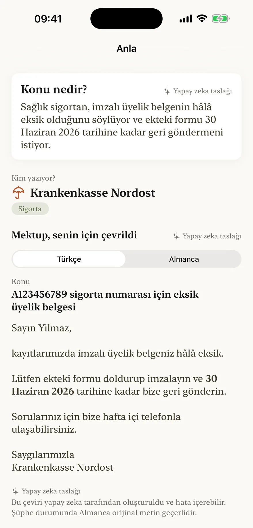 FrankKi taranmış bir Almanca mektubu Türkçe açıklarken