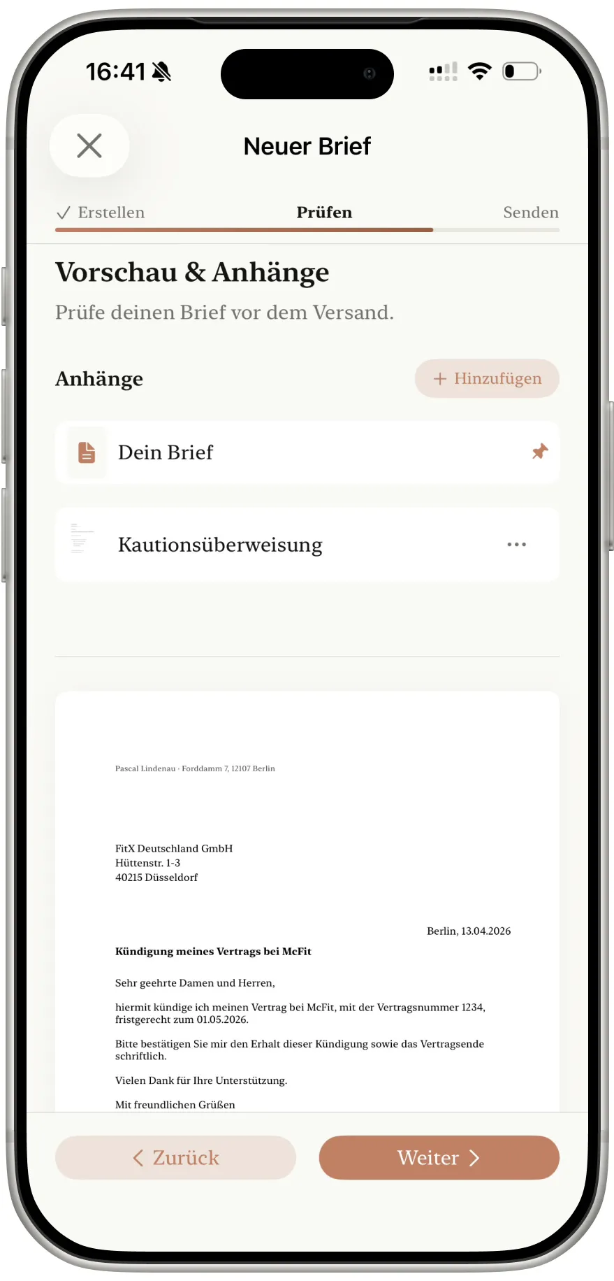 FrankKi App, Briefvorschau mit Anhängen vor dem Versand