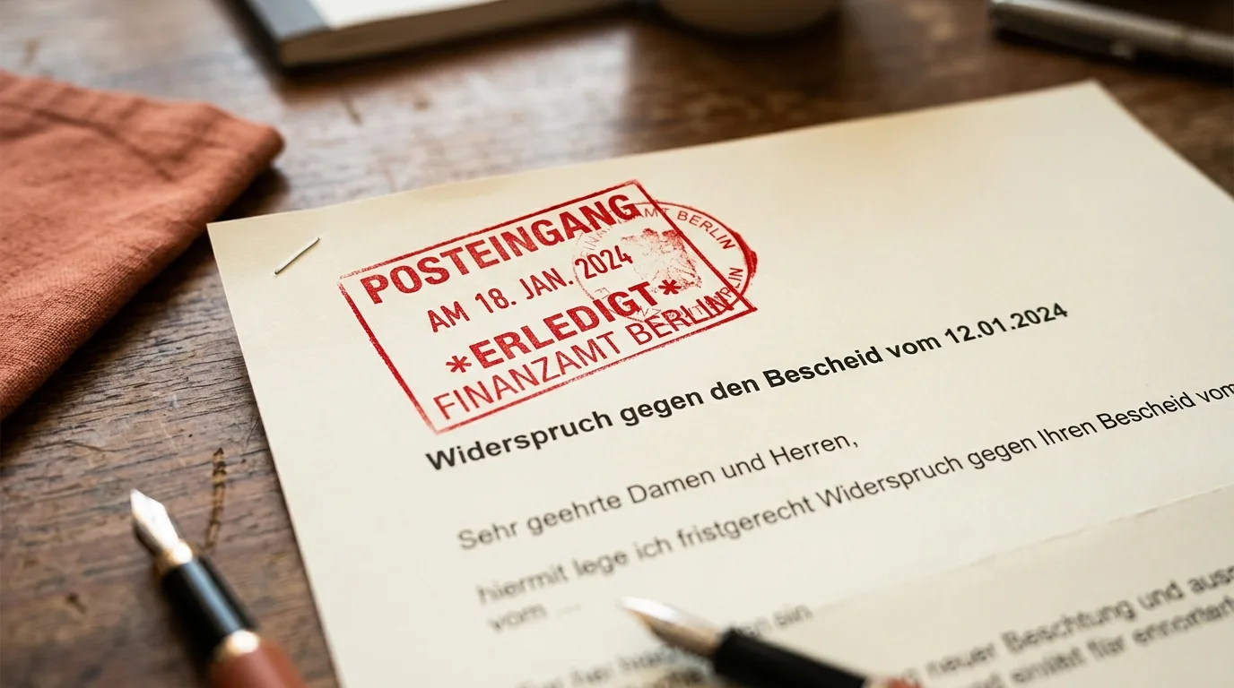 Einspruchs-Brief gegen einen Bußgeldbescheid mit Eingangsstempel