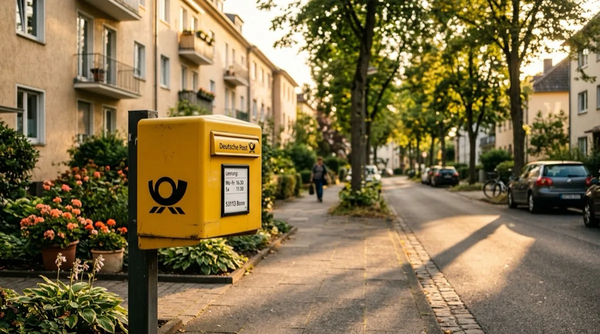 Briefträger der Deutschen Post leert einen gelben Briefkasten an einer Hauswand
